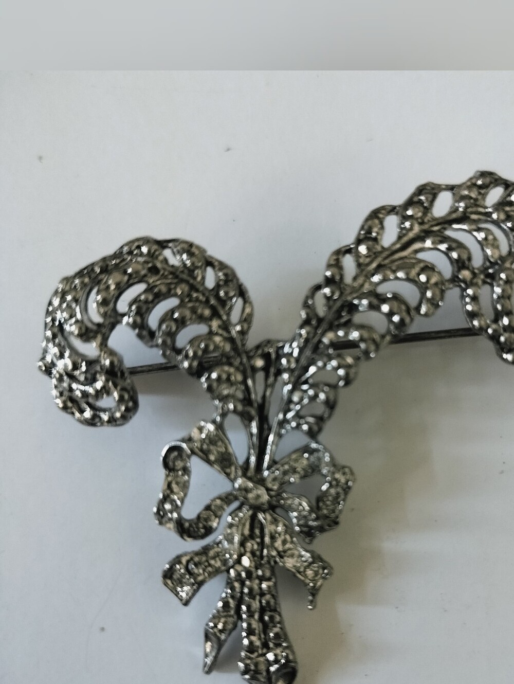 Vintage Silver-Tone Rhinestone Plume & Bow Brooch Pin